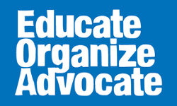 blue background with words Educate Organize Advocate